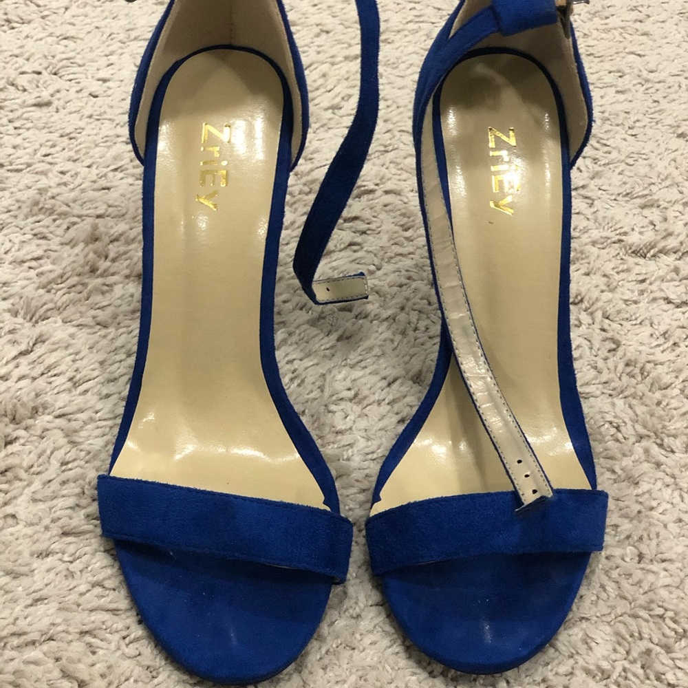 Zriey Blue Suede Heels Ankle Strap Toe Strap SZ5